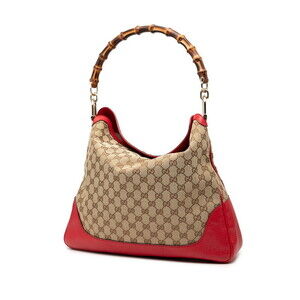 Gucci Leather Bamboo Brown Shoulder Handbag Bag GG Canvas Red